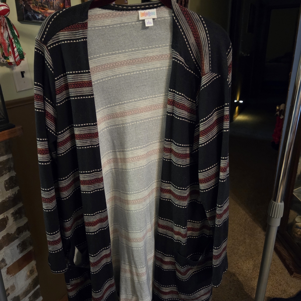 LuLaRoe Black Cardigan with Burgundy and Cream Stripes
